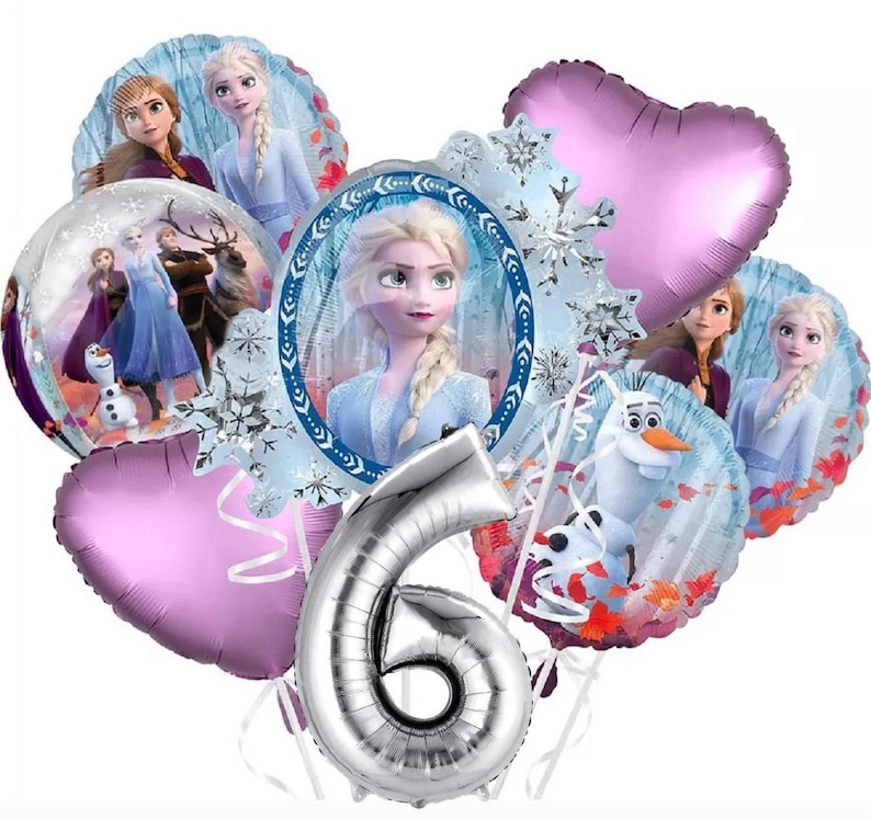 May include: A set of Frozen-themed party balloons, including a silver number 6 balloon, two heart-shaped balloons, a round balloon with Olaf and Elsa, and a round balloon with Anna, Kristoff, and Sven.