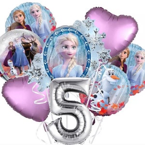 May include: A set of Frozen-themed balloons, including a silver number 5 balloon, two pink heart balloons, and several balloons featuring characters from the film, such as Elsa, Anna, and Olaf.
