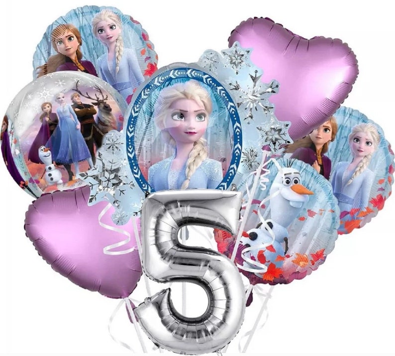 May include: A set of Frozen-themed balloons, including a silver number 5 balloon, two pink heart balloons, and several balloons featuring characters from the film, such as Elsa, Anna, and Olaf.