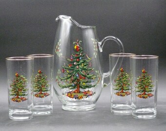 Pitcher and 4 Glass Set, Christmas Pitcher and Glass Set, Christmas Tree Pitcher and Glasses, Holiday Tree Pitcher and Glasses, Spode Set