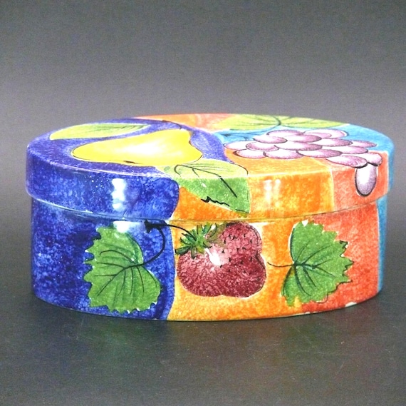 Vintage Italian Ceramic Box: Handpainted Fruit Trinket Dish