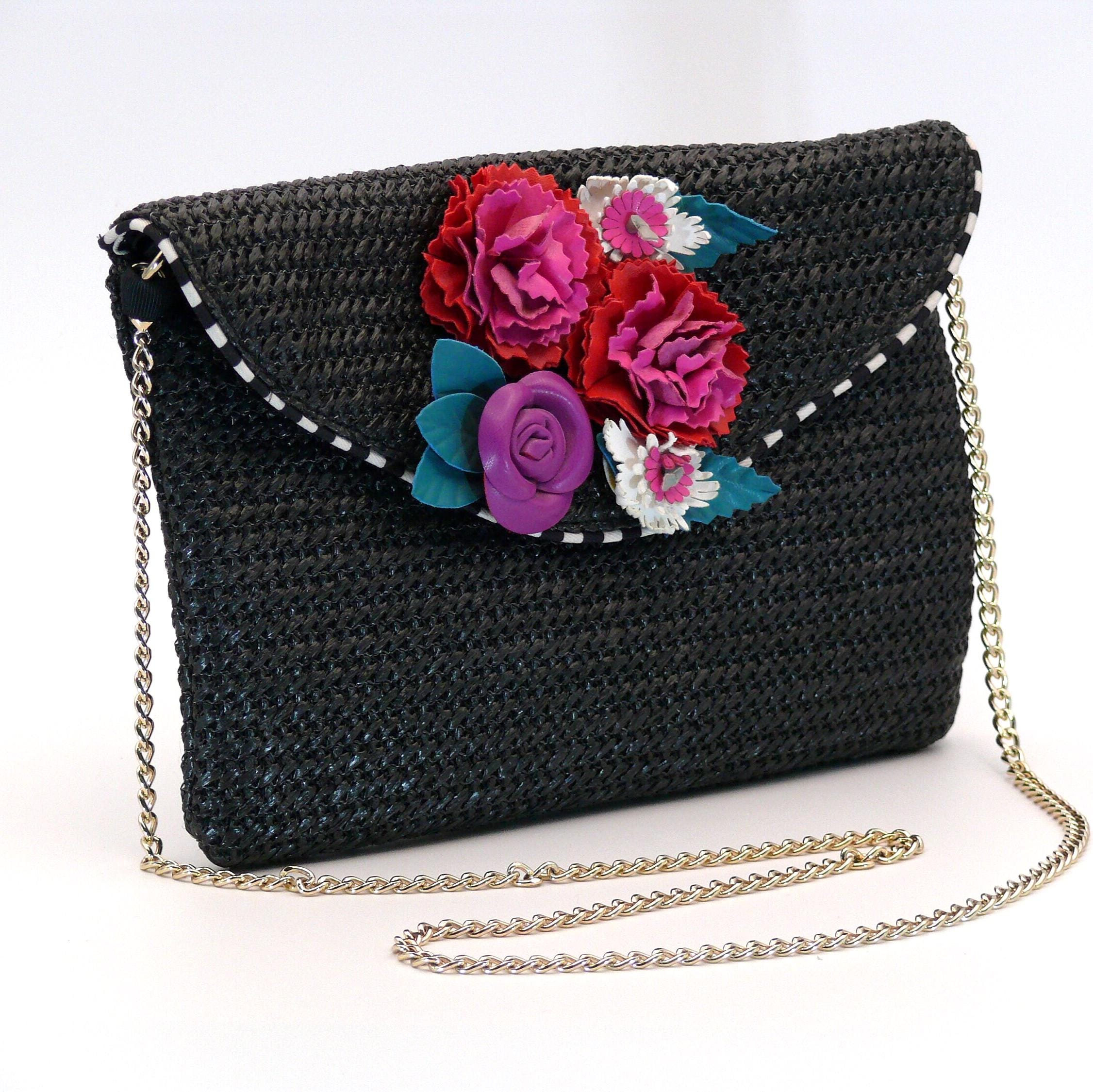Vintage Betsy Johnson Floral Crossbody Purse: Black Raffia  Betsey Johnson Rose Evening Bag main image 0