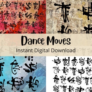 Op de afbeelding: Een digitale downloadafbeelding met vier panelen met abstracte zwarte penseelstreken op getextureerde achtergronden. De tekst "Dance Moves" en "Instant Digital Download" wordt in het midden weergegeven.