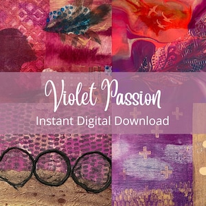 May include: Digital collage art print featuring abstract patterns in shades of purple, gold, and red. The title "Violet Passion" is displayed on a pink background with the text "Instant Digital Download".