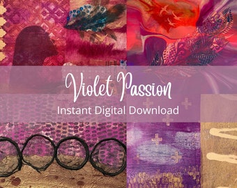 Violet Passion Digital Collage Paper, Téléchargement instantané imprimable, Page de journal d'art, Mixed Media Art