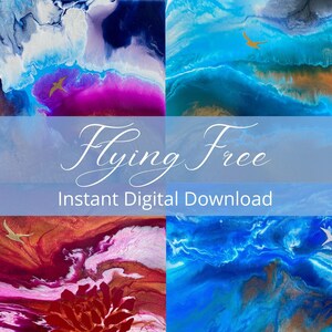 May include: Four digital art prints featuring abstract swirling patterns in shades of blue, purple, pink, and white with gold accents. Each print features a small gold bird flying across the canvas. The text "Flying Free" and "Instant Digital Download" is displayed below the images.