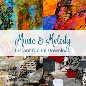 May include: Abstract digital art print featuring a colorful collage of musical instruments, sheet music, and text. The title "Music & Melody" is displayed in a teal blue font. The text "Instant Digital Download" is also included.