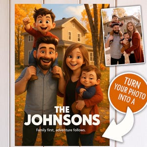 Personalized Animation Movie Poster, Custom Family Cartoon Wall Art, Your Photo Personal Movie Wall Satin Poster Print Animated Photo Poster
