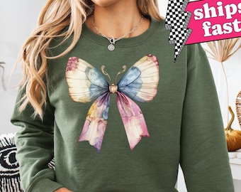 Butterfly Coquette Bow Sweatshirt, Butterfly Aesthetic, Watercolor Butterfly Bow Sweater, Butterfly Lovers Gift, Cute Cottagecore Design Top