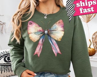 Butterfly Coquette Bow Sweatshirt, Butterfly Aesthetic, Watercolor Butterfly Bow Sweater, Butterfly Lovers Gift, Cute Cottagecore Design Top