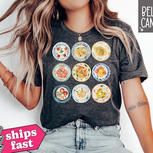 Camiseta vintage Pasta Collage, presente para amantes de comida italiana, camisa aquarela com pratos de macarrão, camiseta com gola redonda Noodles, presente italiano Foodie, camisa de tomate