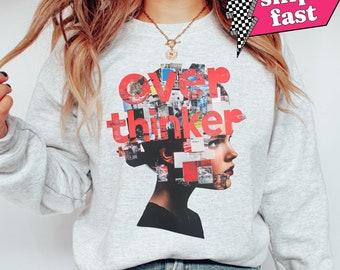 Overthinker Magazine Collage Sweatshirt, Motivational Hoodie For Women, Mental Health Sweatshirt, Stressed Mom Sweatshirt, Anxiety Crewneck