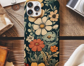 Funda de teléfono con diseño floral de mediados de siglo, funda de teléfono con flores silvestres estilo bohemio, funda de teléfono con diseño floral vintage, funda de teléfono con decoración floral para iPhone Pixel Samsung