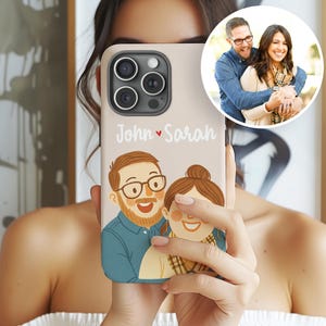 Custom Cartoon Portrait iPhone Case Using Family Photo + Name, Custom Illustration Couple Family Photo Phone Case Personalized Portrait Case