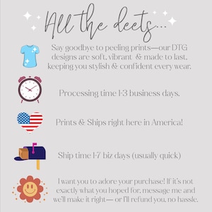 Puede incluir: Un gr&aacute;fico con el texto "All the deets..." y que enumera detalles sobre el proceso de impresi&oacute;n y env&iacute;o. El gr&aacute;fico incluye iconos de una camiseta, un reloj despertador, un coraz&oacute;n con la bandera estadounidense, un buz&oacute;n y una cara sonriente.