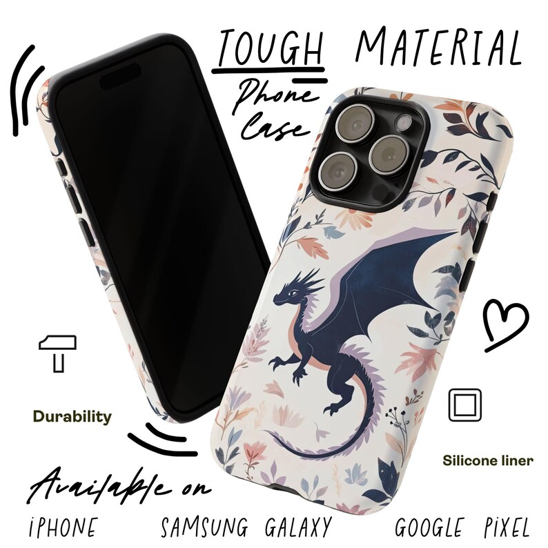 May include: A white phone case with a floral pattern and a black dragon illustration. The case is made of tough material and has a silicone liner. The text "TOUGH MATERIAL Phone Case" is written on the top of the image.