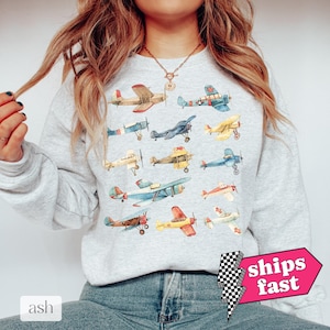 Vintage Planes Sweatshirt, Retro Aviation Hoodie, Watercolor Airplanes Sweater, Aviation History Gift, Plane Collage Shirt, Flight School