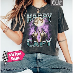 Happy Capy Comfort Colors Tee - Vintage Bootleg Style Capybara Moon Graphic - Retro Funny Rodent Shirt - Gift for Men Women Capybara Lover