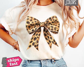 Camisa cómoda con lazo y estampado de leopardo, camiseta con lazo y estampado de guepardo, top moderno para niña, cintas suaves para niña, lindo lazo de animal para niña