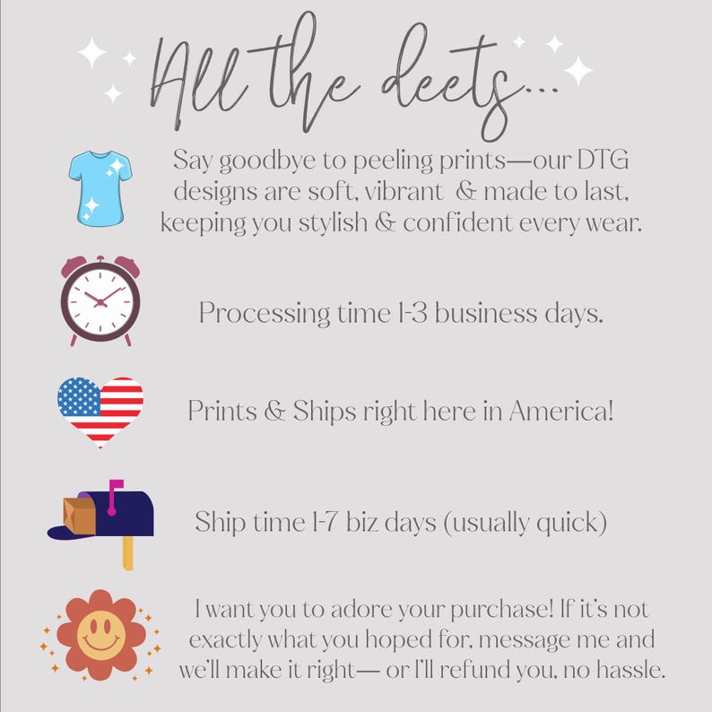 K&ouml;nnte beinhalten: Eine Grafik mit dem Text "All the deets..." und einer Auflistung von Details zum Druck- und Versandprozess. Die Grafik enth&auml;lt Symbole f&uuml;r ein T-Shirt, einen Wecker, ein Herz mit der amerikanischen Flagge, einen Briefkasten und ein Smiley.