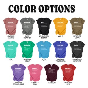 Pu&ograve; includere: Una vetrina di magliette in vari colori, ognuna con un nome e una definizione. Le magliette sono in tonalit&agrave; come malva melange, melange profondo, nero unito, oro e melange oliva. Il testo "COLOR OPTIONS" &egrave; in alto.