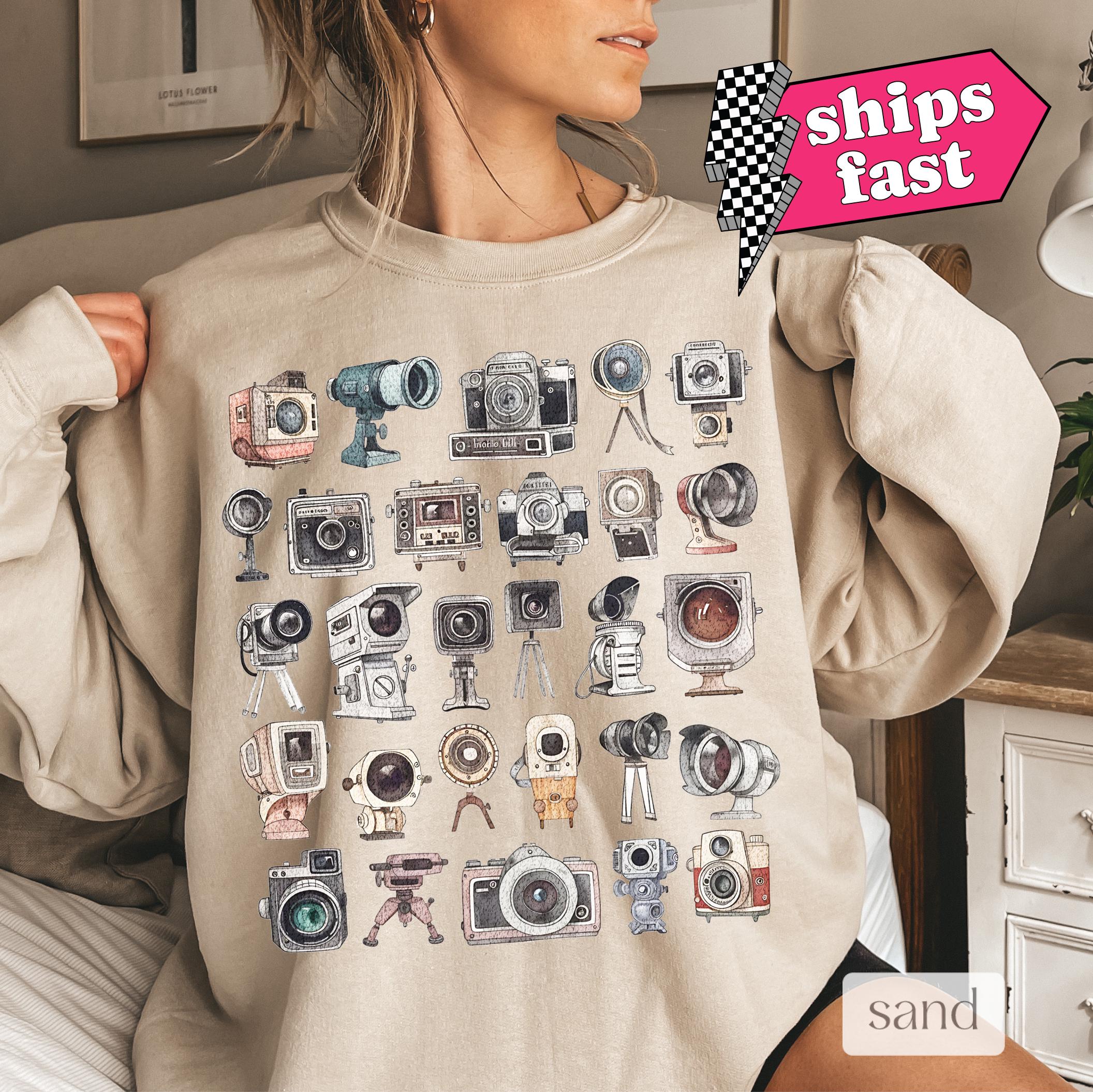 Old School Cameras Sweatshirt, Photography Lover Gift, Vintage Watercolor Camera Tee, Retro Distressed Hoodie, Camera Lens Crewneck Sweater