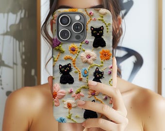Black Cat Embroidery Pattern Tough Phone Case for iPhone Pixel Galaxy, Floral Charm Embroidered Phone Case, Cat Lover Cottagecore Phone Case
