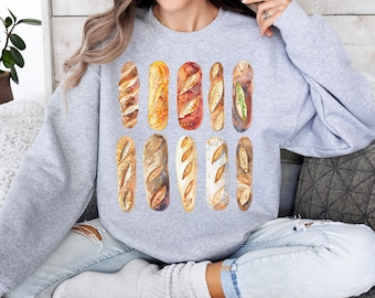 Baguette Lover Sweatshirt, French Bread Hoodie, Bakery Art Tee, Watercolor Design, Rustic Foodie Apparel, Vintage Distressed Shirt