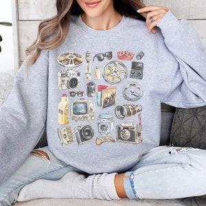 Vintage Cinema Sweatshirt, Retro Film Pattern Sweater, Old Hollywood Style Hoodie, Movie Buff Long Sleeve, Nostalgic Movie Reel Shirt Gift