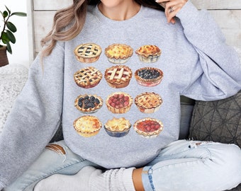 Pie Lover Sweatshirt, Vintage Watercolor Pie Collage Sweater, Sweet Treat Crewneck, Bakery Fashion Hoodie, Foodie Gift, Homemade Pie Pattern