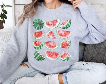 Sweatshirt watermeloenliefhebber, meloentrui met zoete zomervibes, sappige watermeloen vintage aquarel collage hoodie, cool foodie shirt cadeau