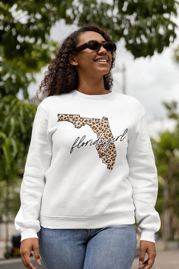 Leopard Florida Girl Script Sweatshirt Cheetah Florida State Crewneck State Outline Crew Pullover Animal Print Sweatshirt Christmas Gift Etsy Canada