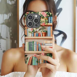 3D Bookish Tough Phone Case for iPhone 16 15 14 13 12 11 Pro Max Samsung Galaxy S24 S23 S22 S21 S20 Ultra, Cottagecore Book Shelf Phone Case