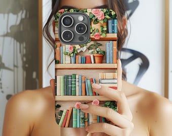 3D Bookish Tough Phone Case for iPhone 16 15 14 13 12 11 Pro Max Samsung Galaxy S24 S23 S22 S21 S20 Ultra, Cottagecore Book Shelf Phone Case