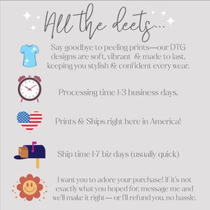 May include: A graphic with a light blue shirt, an alarm clock, a heart with the American flag, a mailbox, and a smiley face with a sunburst. The text reads "All the deets..." and includes information about processing time, shipping, and customer satisfaction.