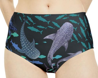 Sea Life Bikini Bottom, High Waist Hipster Women's Swimsuit, Whale shark, Ray, fish print, polyester, fast dry, comfort, style, divers,