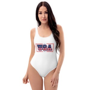 USA One-Piece Swimsuit, Classic Patriotic USA design, Comfortable, Stretchy Fit with USA logo in front, American Proud, Stretch Fit, Cheeky