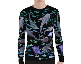 Sea Life Men&#39;s Rash Guard, Colorful, beautiful sea life pattern feature whale sharks, rays, and fish, UPF 50+,  sun, surf, dive, SCUBA, fish