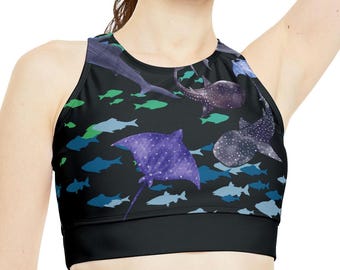 Sea Life Bikini Top, high neck crop, features a beautiful print of undersea life with whale sharks, fish, rays, and jellyfish, divers,