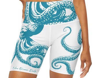 Blue Octopus High Waist Yoga Shorts: Microfiber Stretch Fit