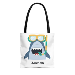 Snorkeling Shark Tote Bag, Personalized with name, Whimsical Shark with snorkel gear,fun tote bag, great for diver&#39;s gift, beach bag, gift