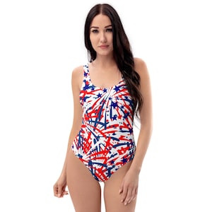 Patriotic Swimsuit, Women&#39;s One-Piece , Red, White, & Blue Abstract, Scoop Back