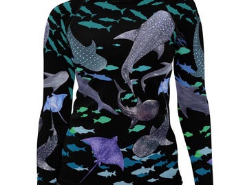 Sea Life Women&#39;s Rash Guard, Colorful, beautiful sea life pattern feature whale sharks, rays, and fish, UPF 50+,  Sun, surf, dive, SCUBA