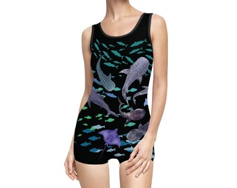 Sea Life Vintage Swimsuit, women&#39;s swimsuit, colorful whale shark ray fish design, modest, shortie swimsuit, polyester, divers, swimmers