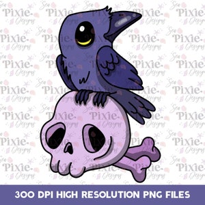 Lindo cuervo kawaii y cráneo con huesos Descarga instantánea de archivos digitales PNG de alta resolución