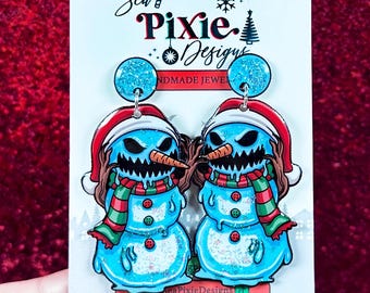 Scary Snowman Creepmas Christmas Halloween Dangle Earrings, Glitter Fall Winter Accessories Lightweight Nickel Free Jewelry Cute Spooky Gift