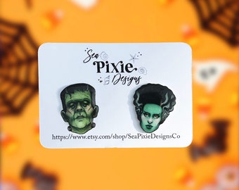 Brincos de pino de Halloween Frankenstein e a Noiva, acessórios de outono com glitter, joias leves sem níquel, presente fofo e assustador, cesta de Boo