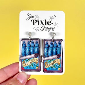 Sardines Tin Glitter Shrink Plastic Lightweight Nickle-Free Earrings, Food Lemon Seafood Funny