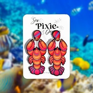 Colorful Lobster Shrink Plastic Resin Earrings,  Lightweight, Sea Creature, Underwater Beach, Coastal Tropical Jewelry, Nickel Free Metal