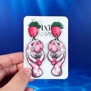 Boucles d&#39;oreilles en résine plastique rétractable lamantin rose fraise, poids léger, créature marine, plage sous-marine, bijoux tropicaux côtiers, sans nickel